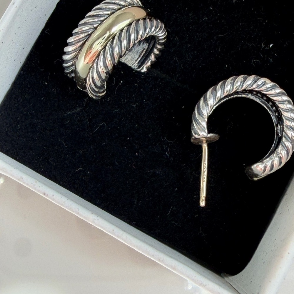 David Yurman cable huggie Sterling Silver&14k gold Twisted Hoop Earrings